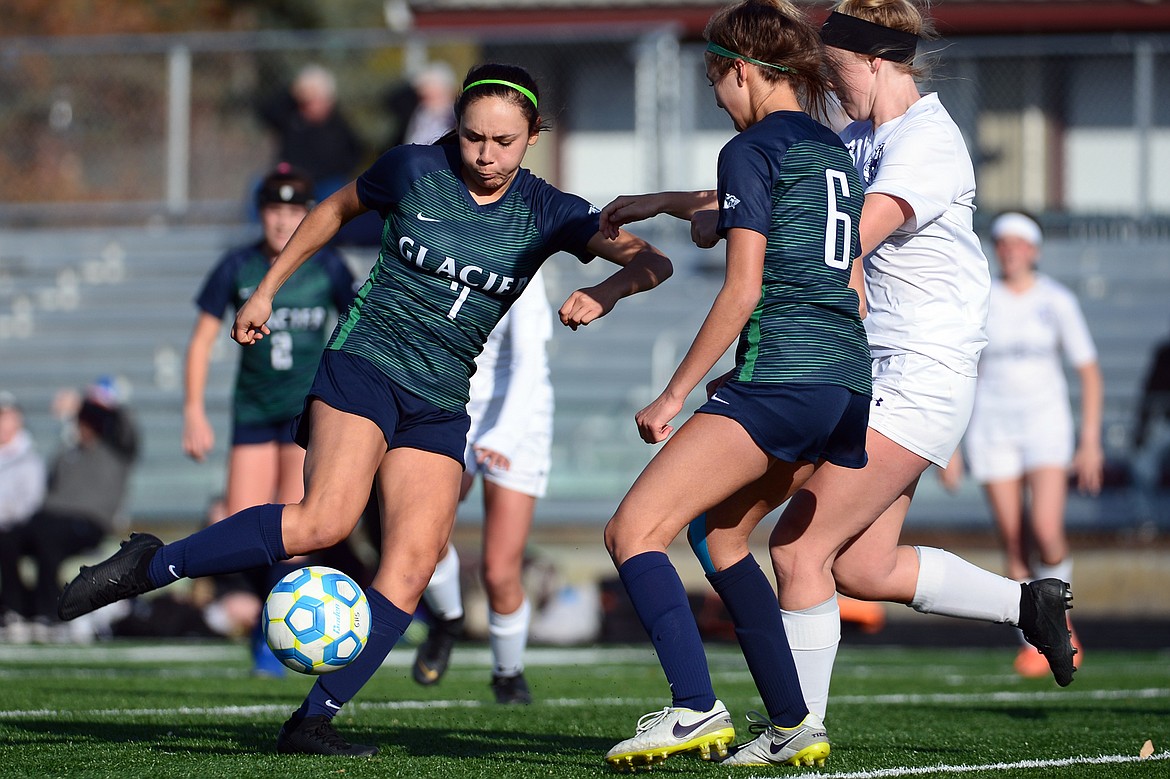 Glacier's Ady Powell (7) looks to shoot in the first half against Butte at Legends Stadium on Tuesday. (Casey Kreider/Daily Inter Lake)