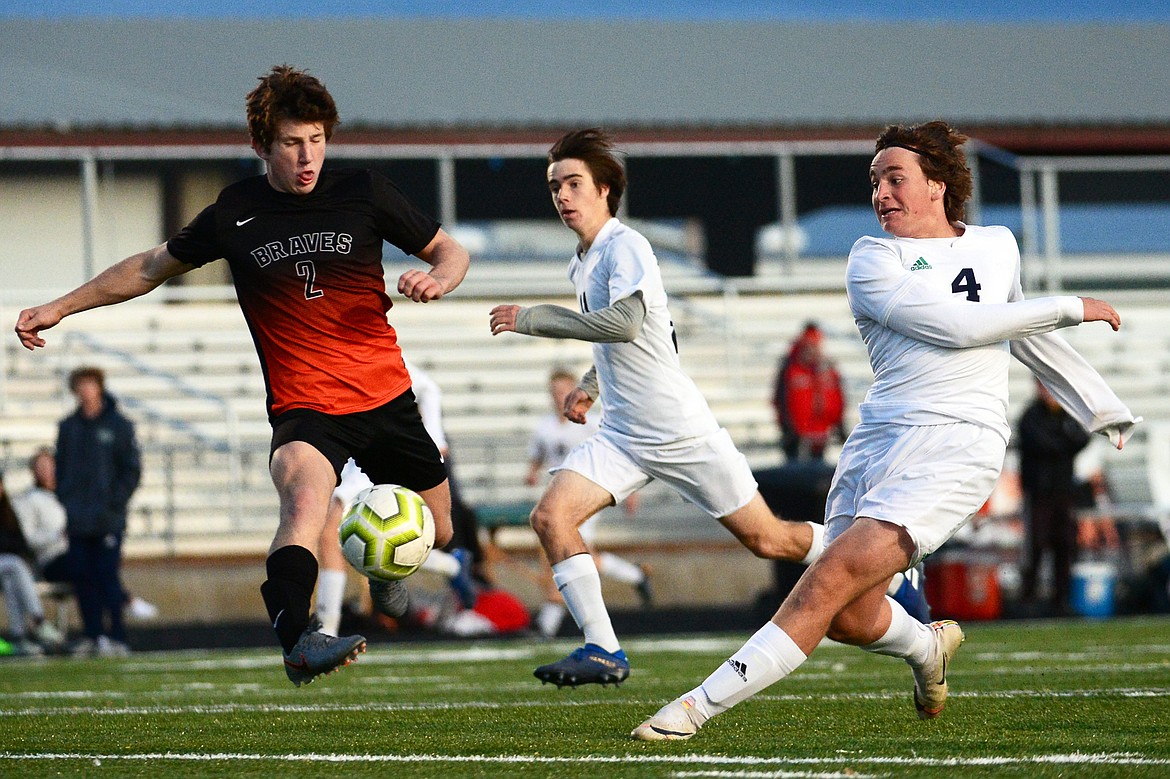 Glacier's Braden Nitschelm (4) looks to shoot in the second half against Flathead at Legends Stadium on Tuesday. (Casey Kreider/Daily Inter Lake)