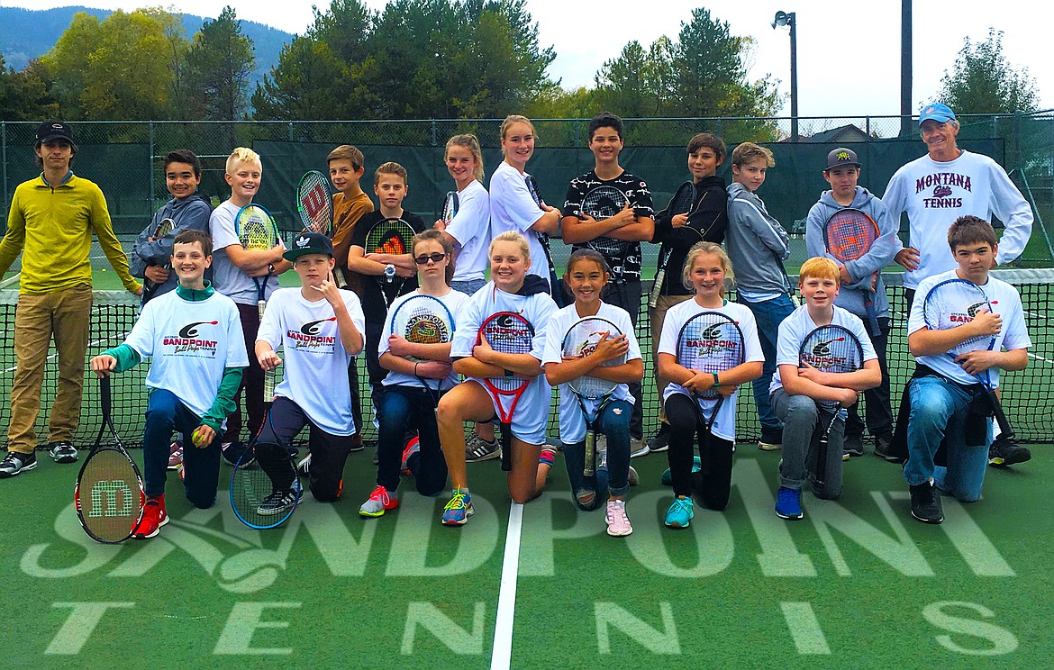 (Photo courtesy of KENT ANDERSON)The Sandpoint Middle School tennis team poses for a group photo. Front row (from left to right): Gaven Miles, Finian Markley, Chandler Molenda, Berkeley Cox, Fiona MacDonald, Aubrey Knowles, Brennan Johnson, and Jesse Kitelinger. Back row: high school peer coach Brahma Heitz, Ethan Christensen, Van Lee, Lane Harris, Mason Blaser, Katelyn Greenway, Neva Reseska, Noah Spinney, Sidney Meshberg, Aiden Terry, Ryan Kimmelshue and head coach Kent Anderson.