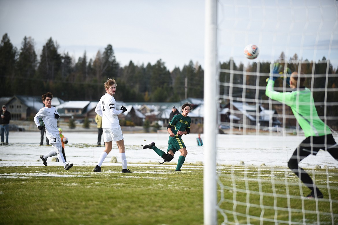 Josh Gunderson fires a shot on the Billings Central goal during the Bulldogs' semifinal win at home on Saturday. (Daniel McKay/Whitefish Pilot)