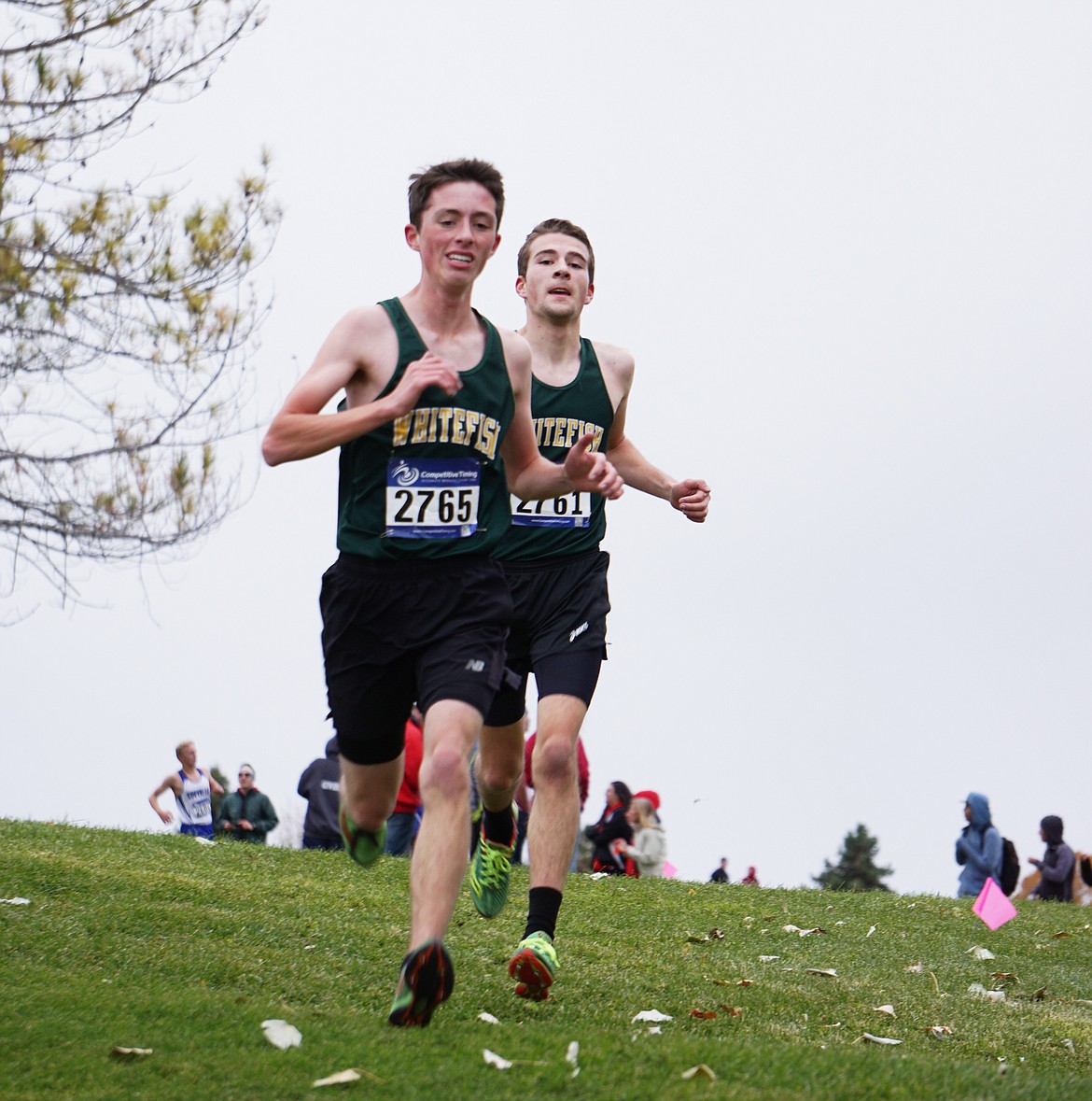 Miles Vrentas leads teammate Bridger Gaertner at the Western A Fall Classic. Bridger would pass Miles at the finish for 13th&#160;place overall (17:33.28) to Miles in 14th&#160;(17:33.97) in a very close race. Both athletes earned All-conference honors. (Matt Weller photo)&#160;