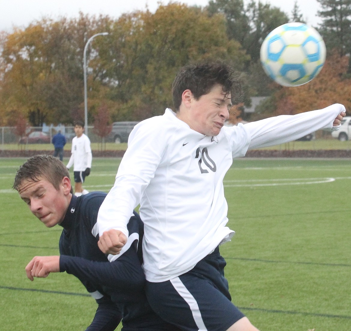 JASON ELLIOTT/Press
Coeur d&#146;Alene junior defender Lucca Correa attempts to head the ball to a teammate during the first half of Saturday&#146;s 3A District 1-2 boys soccer championship at The Fields at Real Life Ministries in Post Falls.