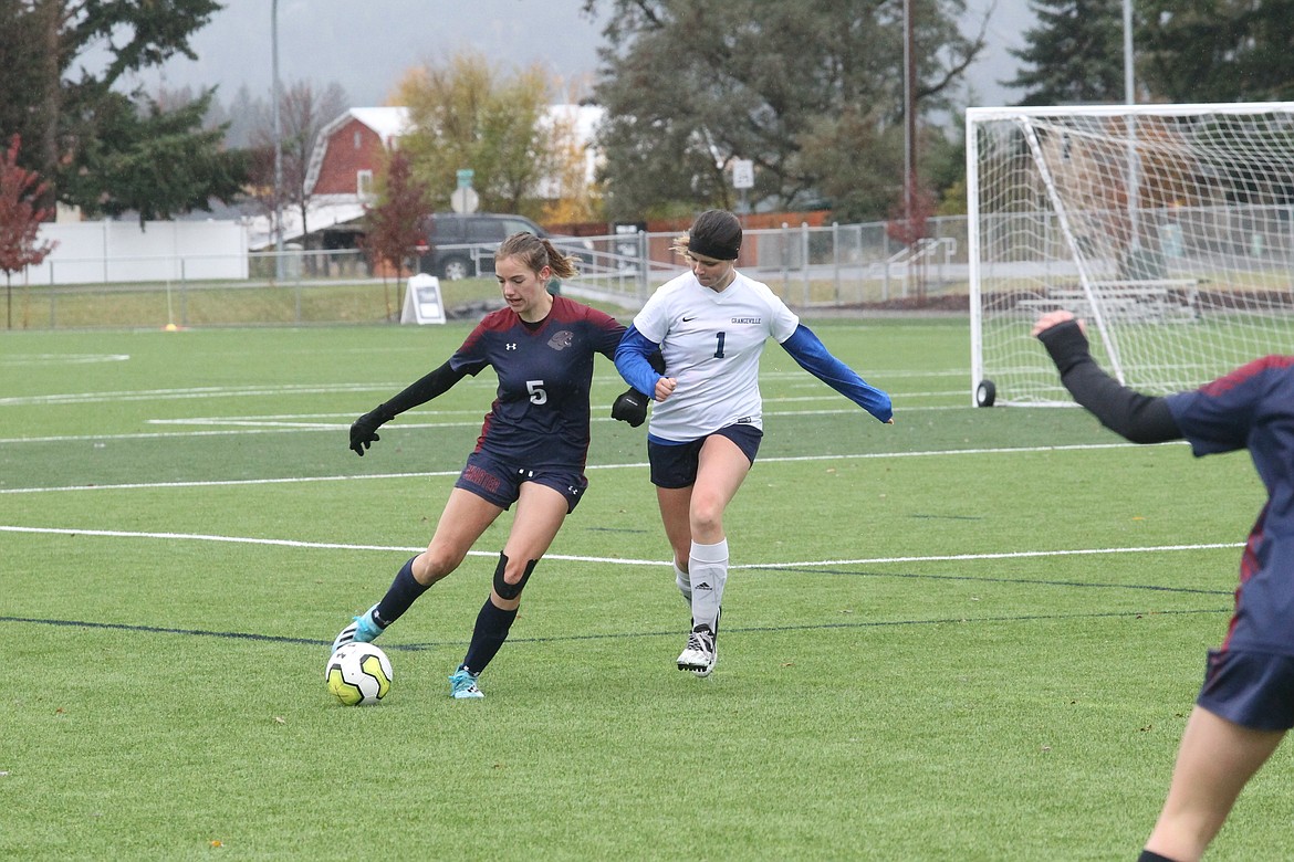 MARK NELKE/Press
Skylar Canning (5) of Coeur d'Alene Charter Academy prepares to send a ball upfield during Saturday's 3A District 1-2 girls soccer championship game at The Fields at Real Life Ministries in Post Falls.