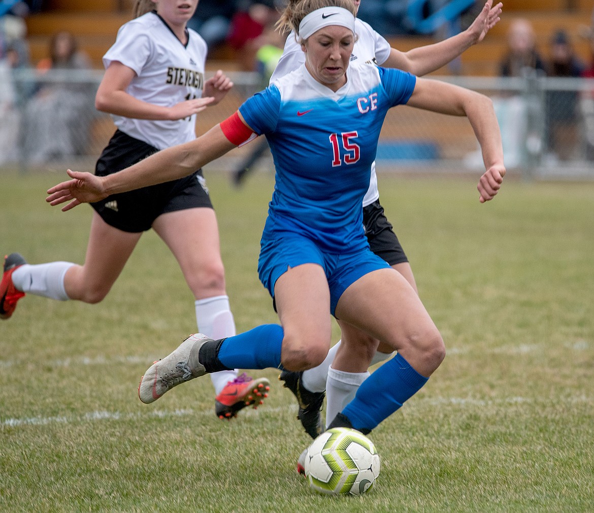 Josie Windauer (15) with a shot on goal against Stevensville in the first half of the girls class A soccer quarterfinal playoffs in Columbia Falls Saturday. (Chris Peterson photo)