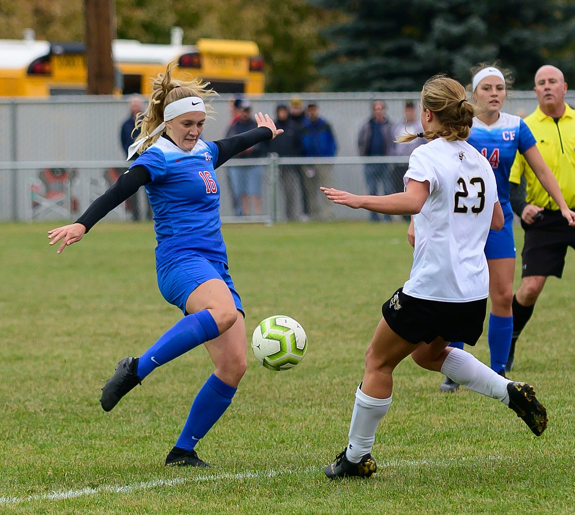 Flora Jarvis clears the ball on defense against Stevensville Saturday. (Chris Peterson photo)