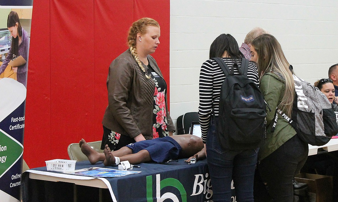 Rachal Pinkerton/Sun Tribune
Students talk to a representative from Big Bend Community College during the Othello Career Showcase.