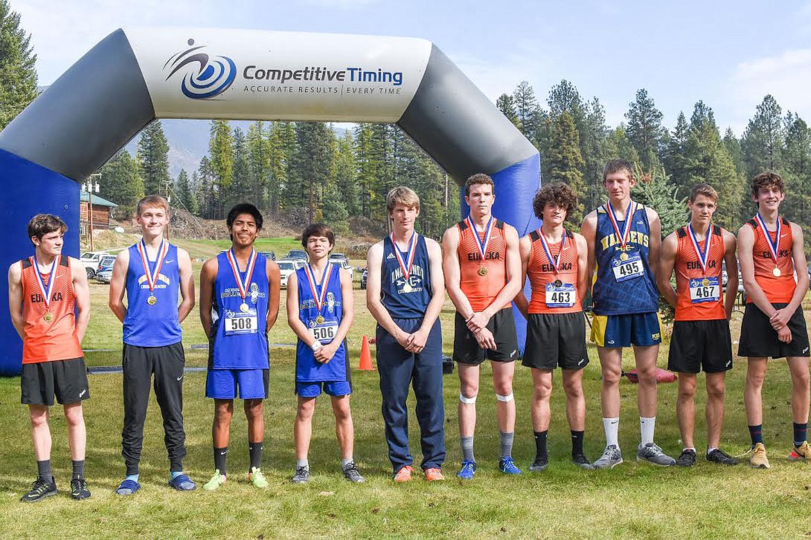 The 2019 Western B Divisional cross-country all-conference top ten finishers pose after their race in Thompson Falls. Left to right:  (10th) Ian Kumle (Eureka), (9th) Justin Morgan (T-Falls), (8th) Isaiah Nasewytewa (Mission), (7th) Zoran LaFrombois (Mission), (6th) Leroy Wilson (Anaconda), (5th) Alex Lowe (Eureka), (4th) Gavin Bates (Eureka), (3rd) Aidan Thompson (Deer Lodge), (2nd) Chaidh Lochridge (Eureka), (1st) Isaac Reynolds (Eureka). (Photo courtesy of Christa Umphrey, Forward Photography)