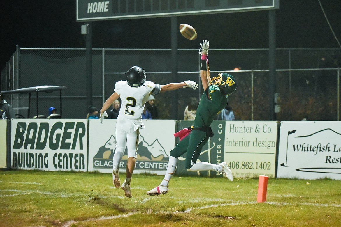 Jaxsen Schlauch high points the pass for a touchdown during Friday&#146;s win over Stevensville. (Daniel McKay/Whitefish Pilot)