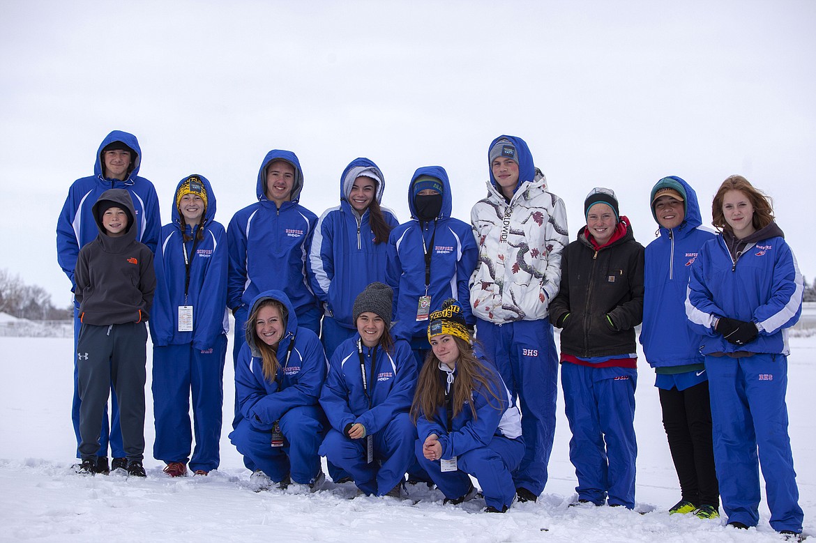 The Bigfork High School cross country team is picture in Great Falls, where they competed in the Montana State Cross Country Championships on Saturday, Oct. 26. In the back row, from left to right are: Elliot Sanford, Kylie McMullen, Shelton Woll, Scout Jessop, Aiden Butterfield, Bo Modderman, Grace Stewart, Colten Wroble
and Alaura Zarn. In the front row from left to right are:  Team manager Colton Ballard, Jasmine Gardner, Tabitha Raymond and Corina Wallace. (Courtesy of Beau Wielkoszewski)