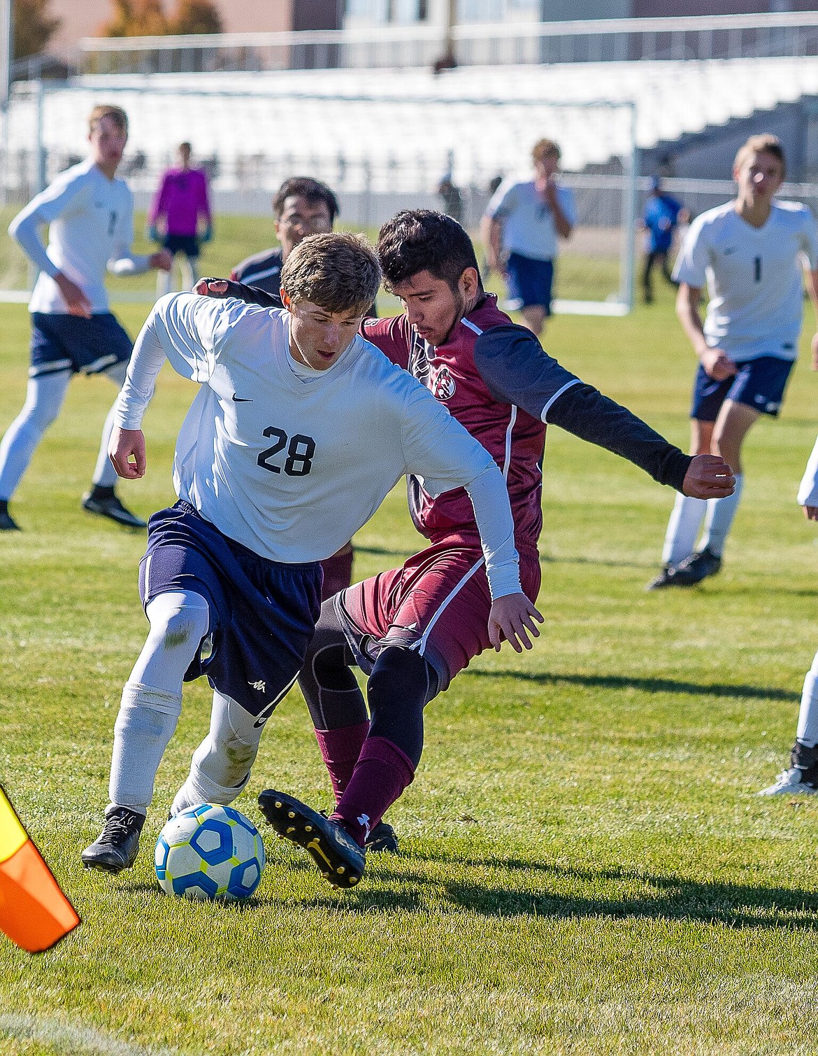 Photos by DOUG BEAZER
Bonners Ferry players Dalin Foster (17) and Carson Spencer (28) combined for the Badgers&#146; lone goal in a 2-1 loss to Weiser in the 3A state soccer tournament opener on Thursday, Oct. 24, in Caldwell.