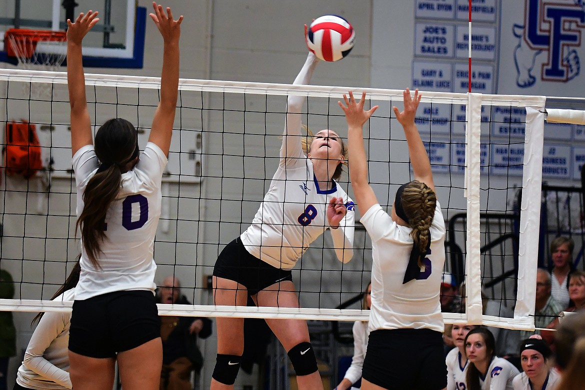 Dillen Hoerner goes up for one of her nine kills against the Lady Pirates Tuesday. (Jeremy Weber photo)