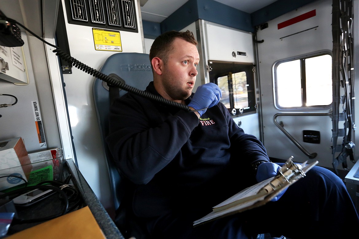 Photos by Mackenzie Reiss | Bigfork Eagle
Bigfork firefighter/EMT Jackson Corne relays a patient&#146;s information to Kalispell Regional Medical Center.