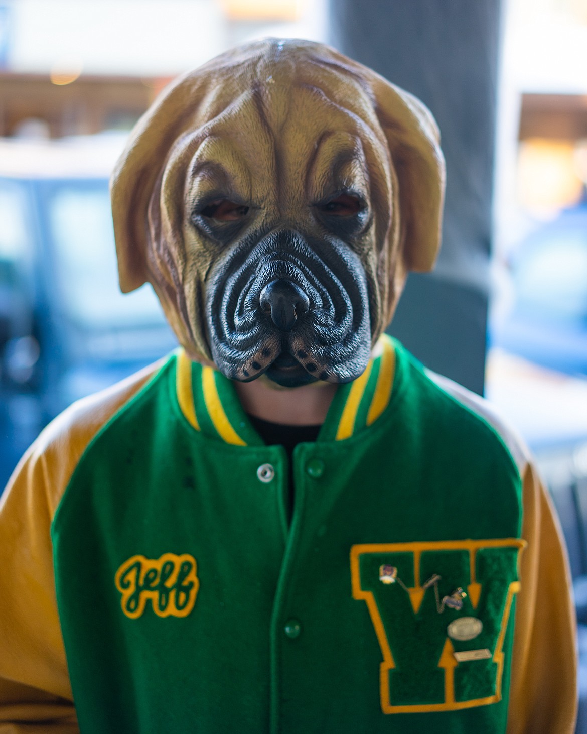 An actual Bulldog takes a walk during the Whitefish Trick or Treat downtown on Thursday. (Daniel McKay/Whitefish Pilot)