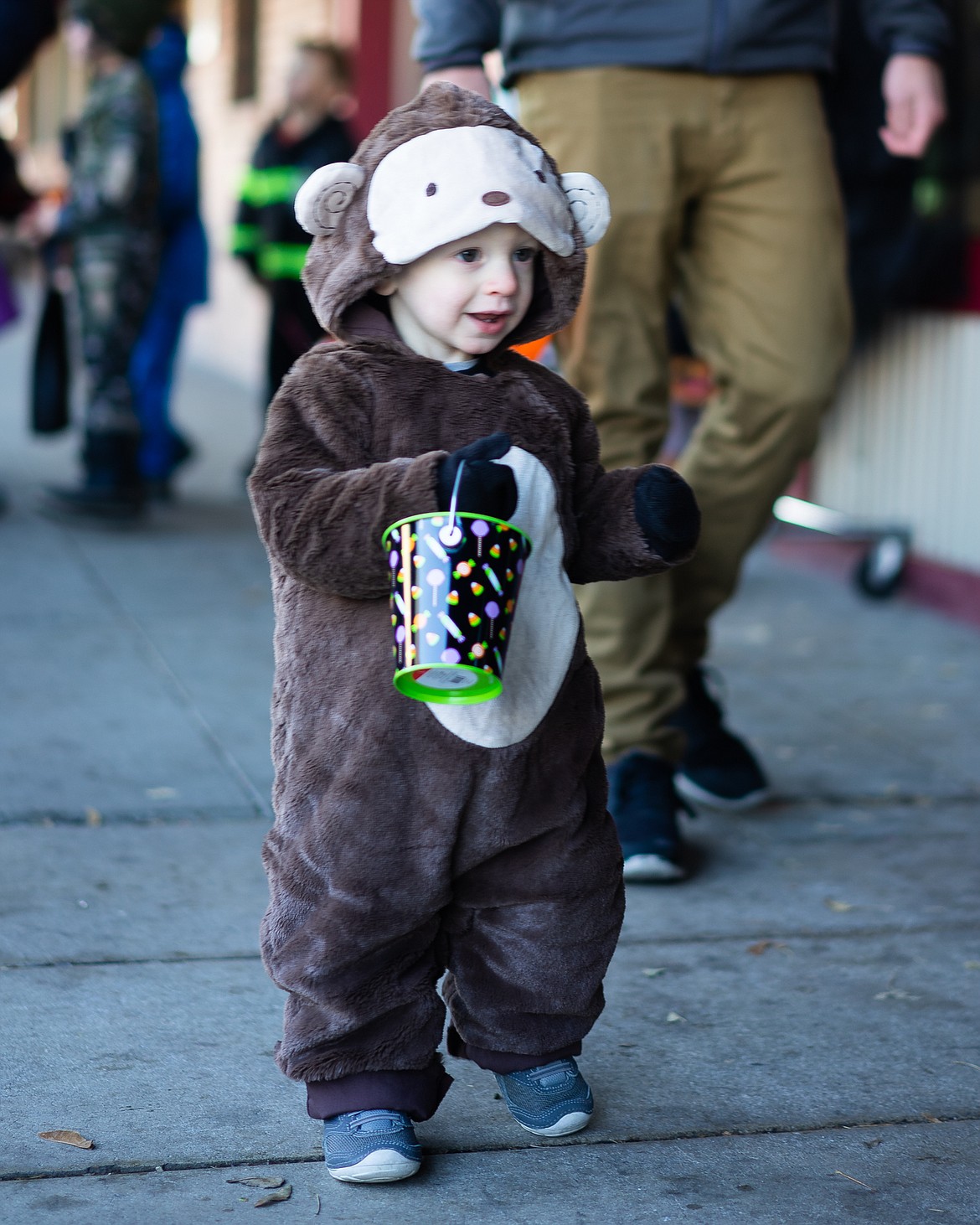 A monkey looks forward to the next treat during the Whitefish Trick or Treat downtown on Thursday. (Daniel McKay/Whitefish Pilot)