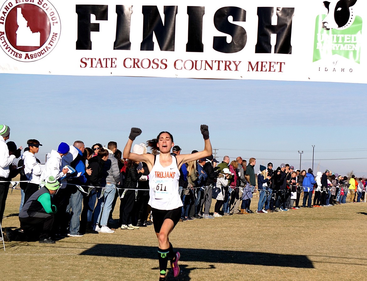 Courtesy photo
Post Falls senior Sydney Shanahan crosses the finish line second during last Saturday's state 5A girls championship race in Pocatello. Shanahan was named the District 1 Female Runner of the Year earlier this week.