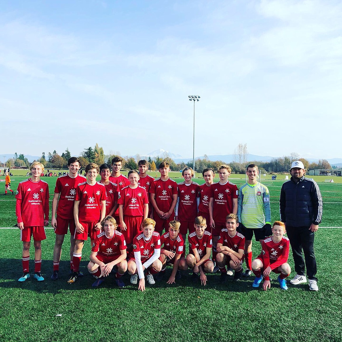 Courtesy photo
The Timbers North FC 05 Boys Red soccer team is playing in the RCL Division 2 U15 boys. The Timbers played Saturday in Redmond, Wash., at Marymoor Park and won 4-2 against Crossfire Premier. Landon Lee scored the first goal. Cooper Prohaska scored the second off an assist from Stirling Roget. Bryce Allred scored the last two goals, with the third being a PK. Miles Taylor had four saves in goal. Sunday they played in Bellingham, Wash., at Phillips 66 Soccer Park against WFC Rangers Gold. Timbers goals were scored by Bryce Allred, Chet Hanna and two by Jayce Simmet. Bryce Allred and Landon Lee each assisted a goal. Miles Taylor had three saves. In the front row from left are Nate Wyatt, Caden Thompson, Chet Hanna, Landon Lee, Trenton Anderson and Gavin Schoener; and back row from left, Isaac Fritts, Ashton Ukich, Jacob Ukich, Sebastian Baker, Stirling Roget, Seth Johnson, Luke Orozco, Cooper Prohaska, Griffyn Rider, Jayce Simmet, Bryce Allred, Miles Taylor and coach Julio Morales.