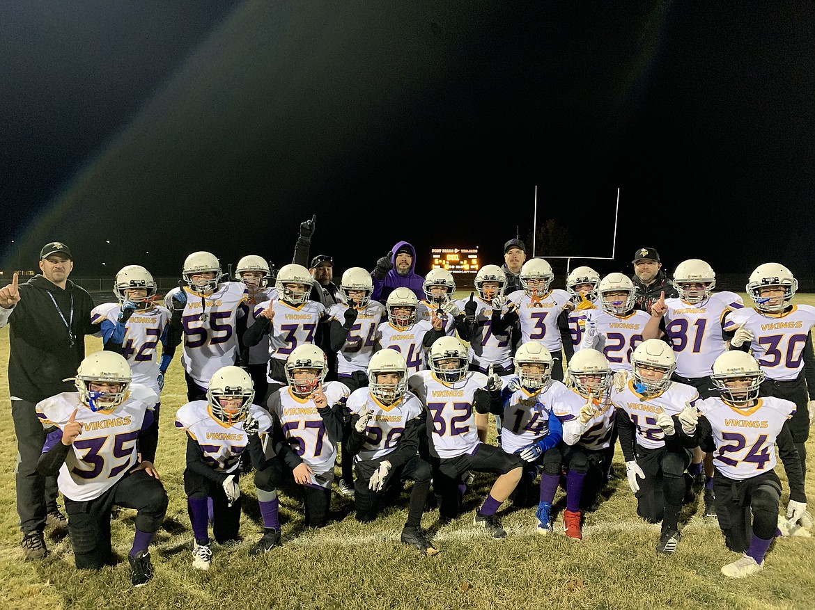 Courtesy photo
The Vikings went 8-0 this season in the seventh-grade division of Coeur d&#146;Alene Junior Tackle, beating an undefeated Post Falls team for the championship. In the front row from left are Jayson Cady, Ethan Hardy, Landon Sheldon, Jayson Ross, Brett Myers, Isaac Rook, Elliott Hardy, Richie Hackett and Jack Murrell; back row from left, coach Jesse Myers, Jackson Sims, Ayden Washburn, Trevor Morrison, Michael Martindale, Thomas Strait, Cash Betts, Max Nelson, Blake Haynes, Avrey Cherry, Tucker Booth, Korbyn Tue, William Fairbanks and Dylan Sutich; and back row from left, coaches Robert Ross, Jeremy King, Cory Martindale and Donnie Murrell.