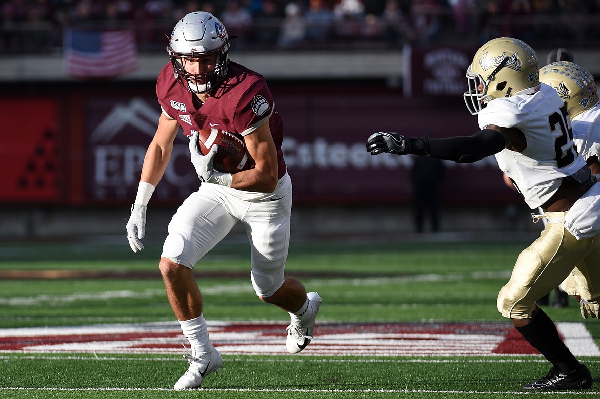 Montana wide receiver Mitch Roberts (80) is brought down by Idaho defensive back Jalen Hoover (25) on a 9-yard reception in the third quarter at Washington-Grizzly Stadium on Saturday. (Casey Kreider/Daily Inter Lake)