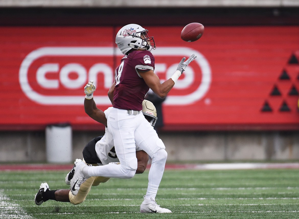 Montana wide receiver Samori Toure (8) catches a 31-yard reception in the second quarter against Idaho at Washington-Grizzly Stadium on Saturday. (Casey Kreider/Daily Inter Lake)