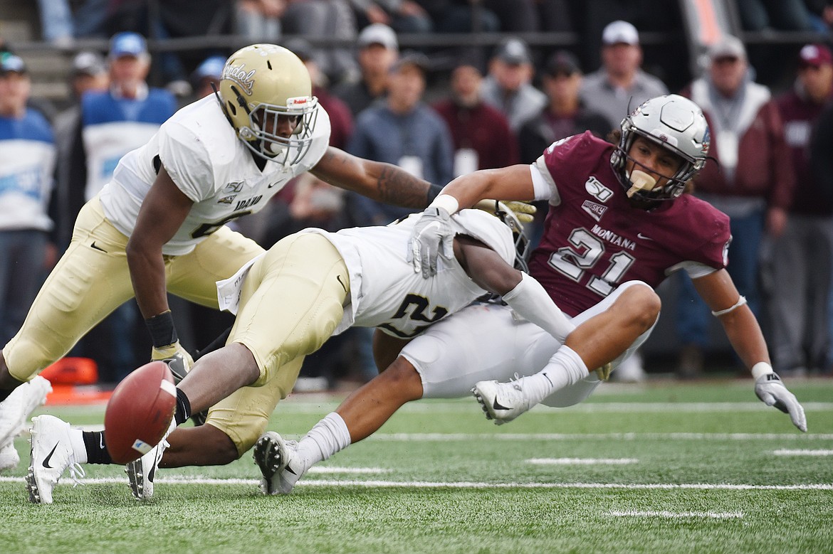 Montana running back Marcus Knight (21) loses a fumble in the first quarter against Idaho at Washington-Grizzly Stadium on Saturday. (Casey Kreider/Daily Inter Lake)