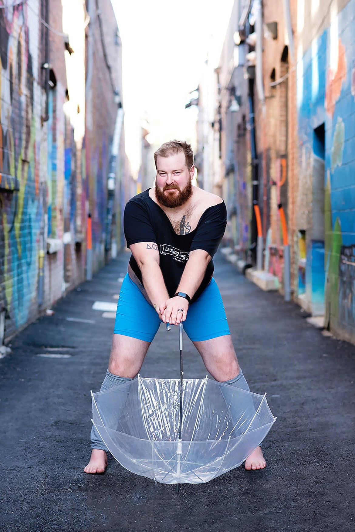 (Photo courtesy TANYIA OULMAN)
Nate Weber, Mr. April, poses in &#147;Flashdance&#148; attire in just above freezing temperatures in a downtown alley for Sandpoint&#146;s Hot and Hairy, 2020 dudeoir calendar to benefit Community Cancer Services.