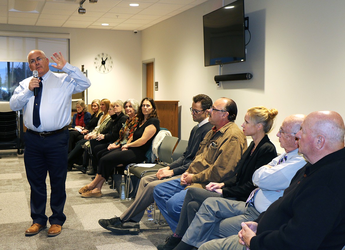 Tom Albertson is pictured talking about the school district's proposed permanent levy proposal at the start of a candidate forum in 2019.