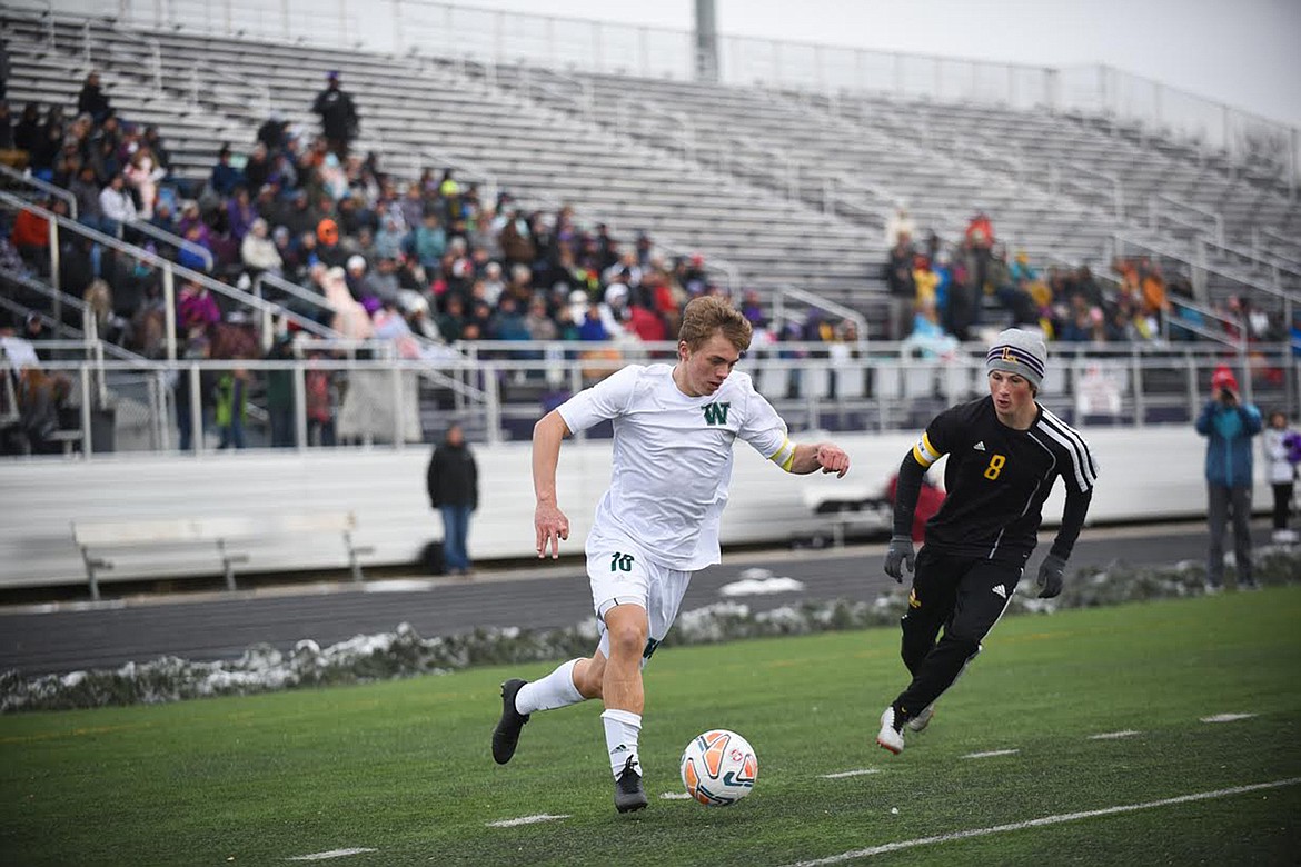 WHITEFISH&#146;S CASEY Schneider attacks the goal during the Bulldogs&#146; 4-0 state title win over Laurel. (Daniel McKay/Whitefish Pilot)