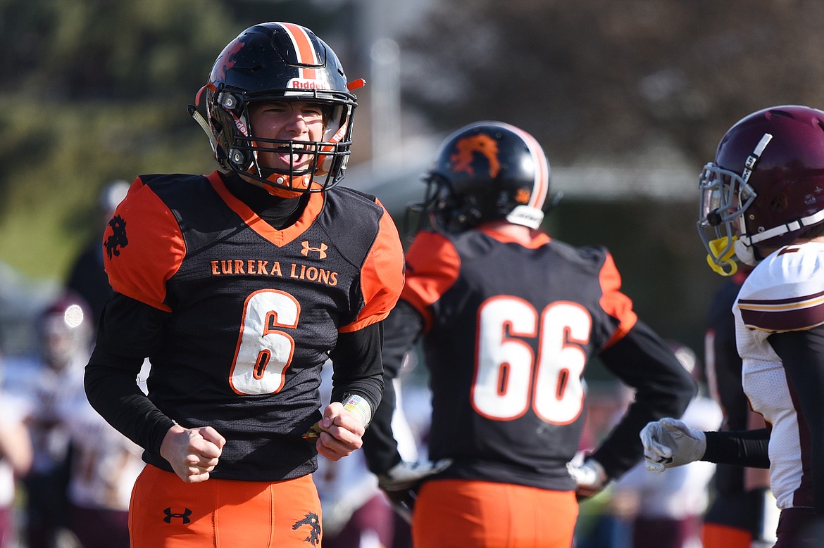 Eureka's Danny Dunn (6) celebrates after the defense recovered a fumble in the first quarter against Baker at Lincoln County High School in Eureka on Saturday. (Casey Kreider/Daily Inter Lake)