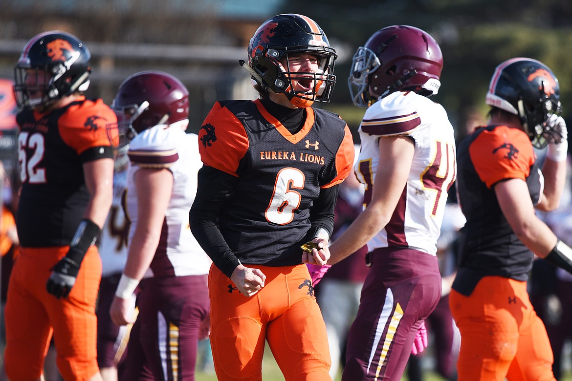 Eureka's Danny Dunn (6) celebrates after the defense recovered a fumble in the first quarter against Baker at Lincoln County High School in Eureka on Saturday. (Casey Kreider/Daily Inter Lake)