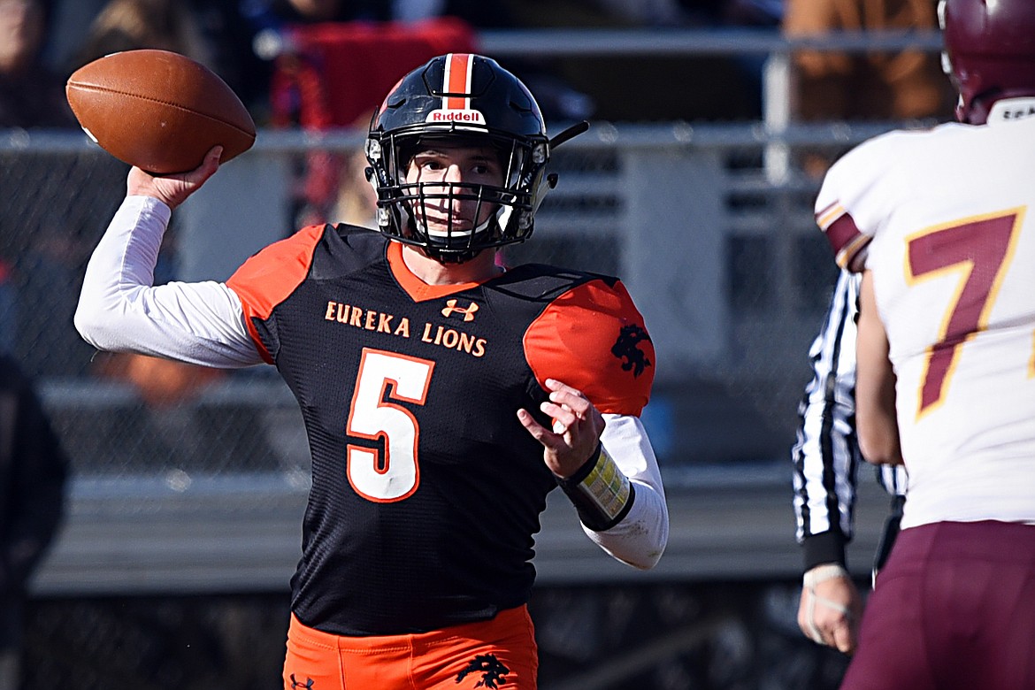 Eureka quarterback Hank Dunn (5) looks to throw in the second quarter against Baker at Lincoln County High School in Eureka on Saturday. (Casey Kreider/Daily Inter Lake)