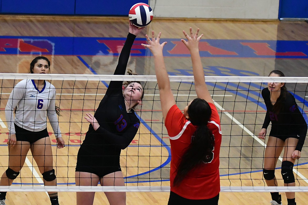 Grace Gedlaman puts the ball past Browning&#146;s Abby BullCalf Saturday. (Jeremy Weber photo)