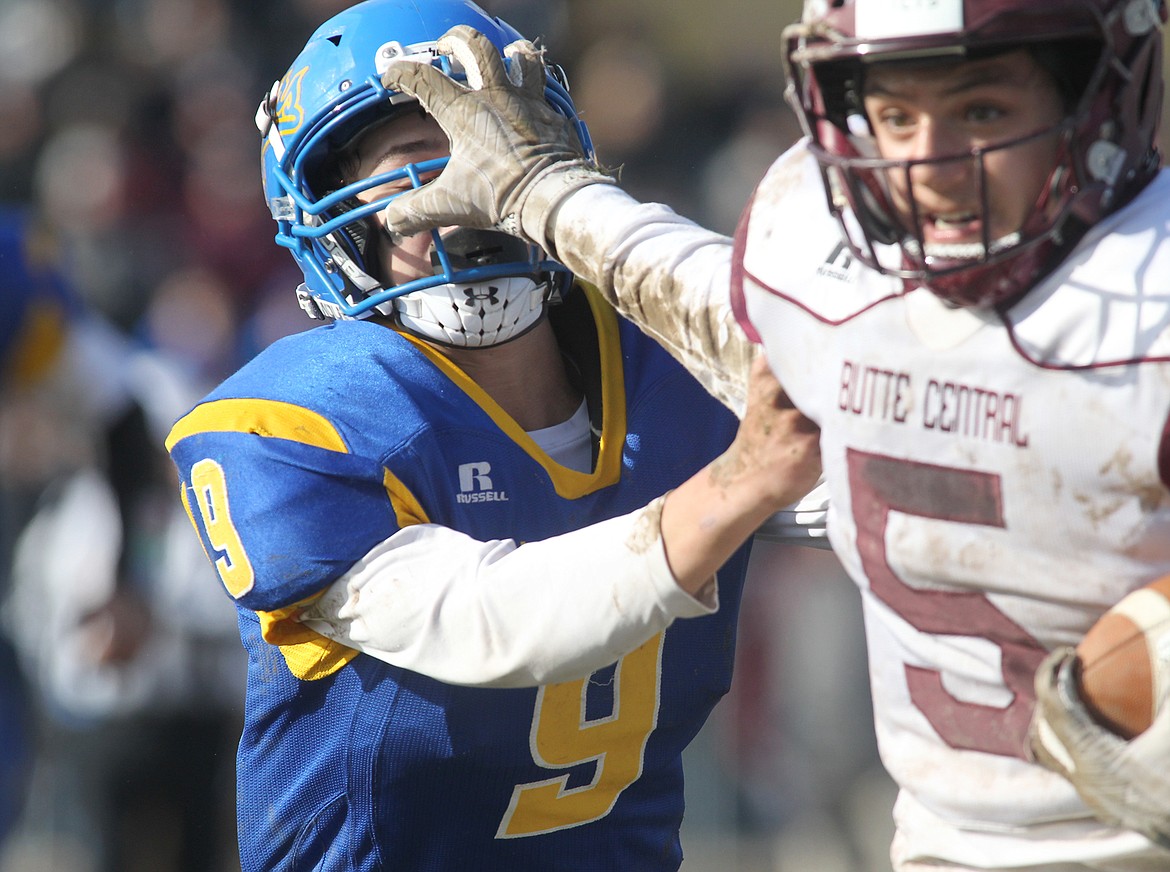 Junior Keilen Rausch tackles Butte Central&#146;s Guido Ossello in second quarter. (Paul Sievers/The Western News)