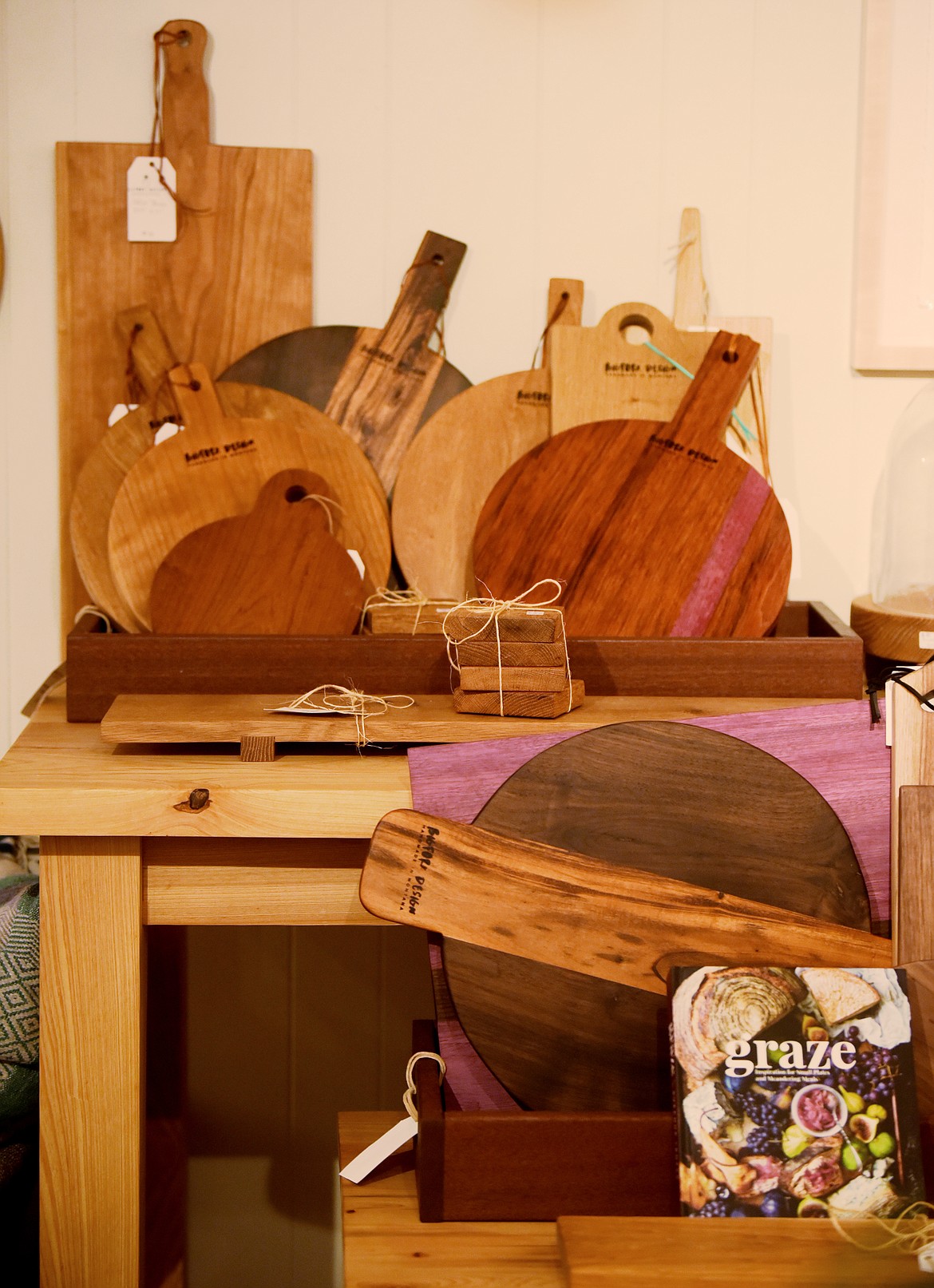 A collection of cutting boards at Bigfork Design made by the store owner, Kathleen Hennen.