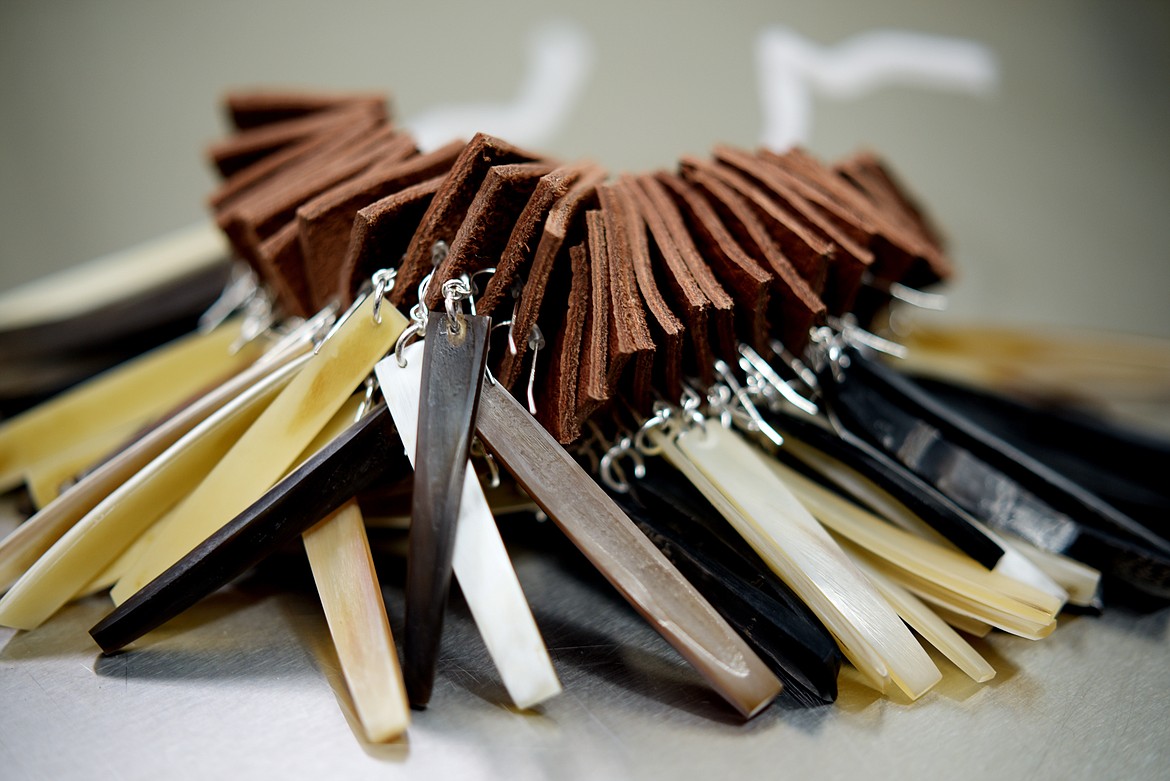 A collection of EastonJane longhorn earrings in the studio of Sally Torres at her home in Columbia Falls. Torres will be taking part in the annual Majestic Valley Arena Holiday Extravaganza Nov. 8-10.