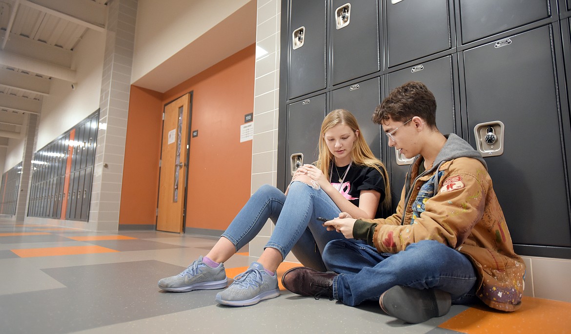 Flathead sophomores Sophia Dykhuizen and James Francis practice for speech and debate on Monday afternoon at Flathead High School. (Brenda Ahearn/Daily Inter Lake)