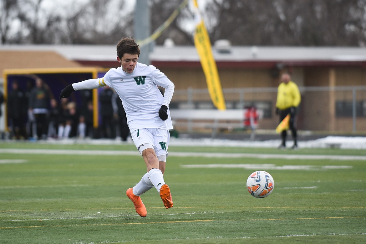 Ian Lacey nails the first goal of the game during the Bulldogs&#146; 4-0 state title win over Laurel . (Daniel McKay/Whitefish Pilot)