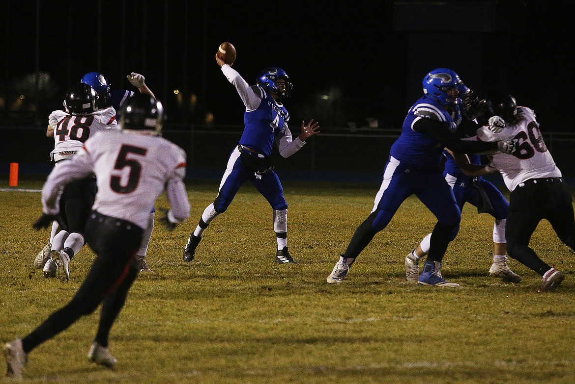 Coeur d&#146;Alene quarterback Jack Prka throws the ball upfield against Highland during Friday night&#146;s game at Viking Field. (LOREN BENOIT/Press)