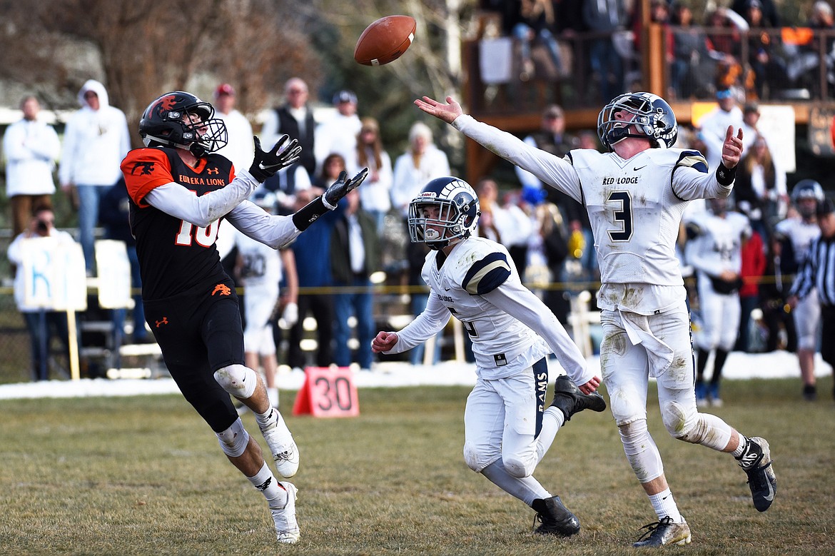 Eureka wide receiver Austin Sartori (10) catches a 42-yard touchdown reception in the third quarter against Red Lodge in the State Class B semifinal at Lincoln County High School in Eureka on Saturday. Eureka won, 39-35. (Casey Kreider/Daily Inter Lake)