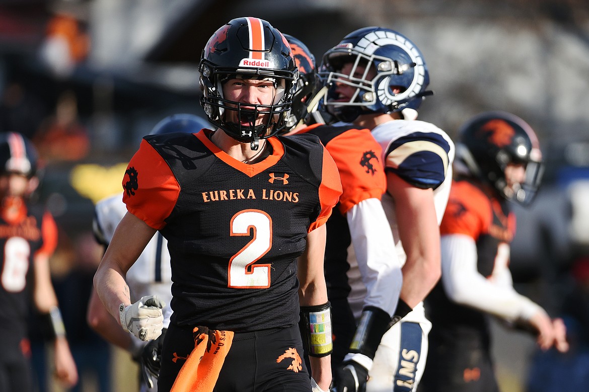 Eureka defensive back Grady Seal (2) celebrates after a tackle in the third quarter in the State Class B semifinal at Lincoln County High School in Eureka on Saturday. Eureka won, 39-35. (Casey Kreider/Daily Inter Lake)