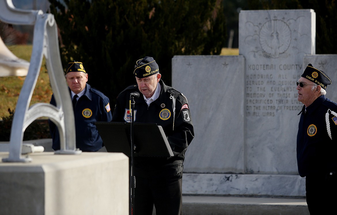 Jacques Croom Sr., who serves as the chaplain of American Legion Post 14,  speaks at the Post's Veterans Day ceremony in McEuen Park. (LOREN BENOIT/Press)