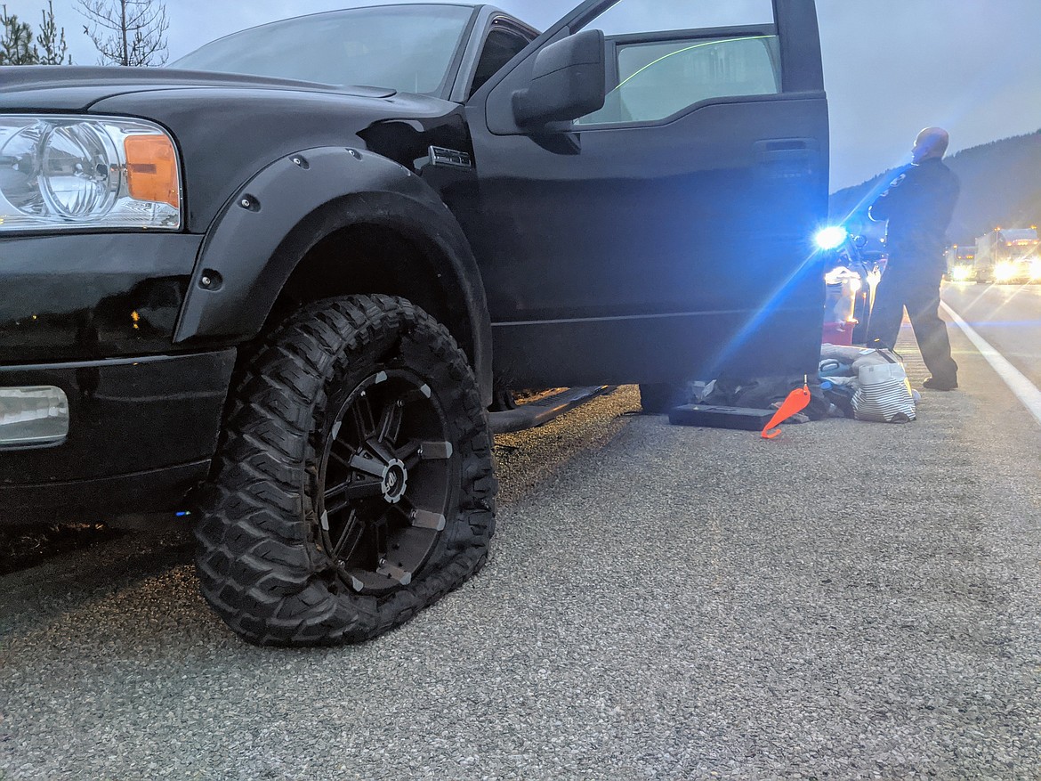 One of the tires on the truck that ran over SCSO detective Jeff Lee&#146;s spike strip. The spikes only affected the tires on the driver side of the vehicle.