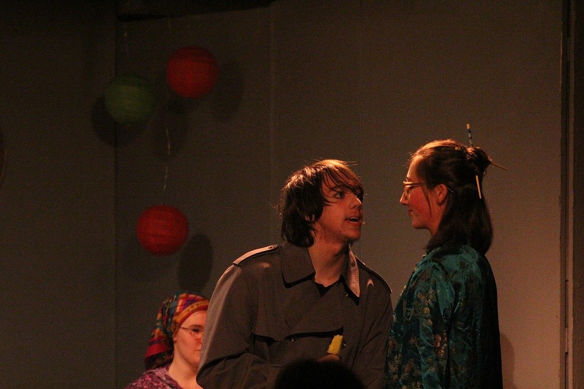 DAWSON BROWN (left) playing Dudley Sharpe, acting a scene out in last Saturday&#146;s play with Adelle Ercanbrack (right) who played Molly McGregor. (John Dowd/Clark Fork Valley Press)