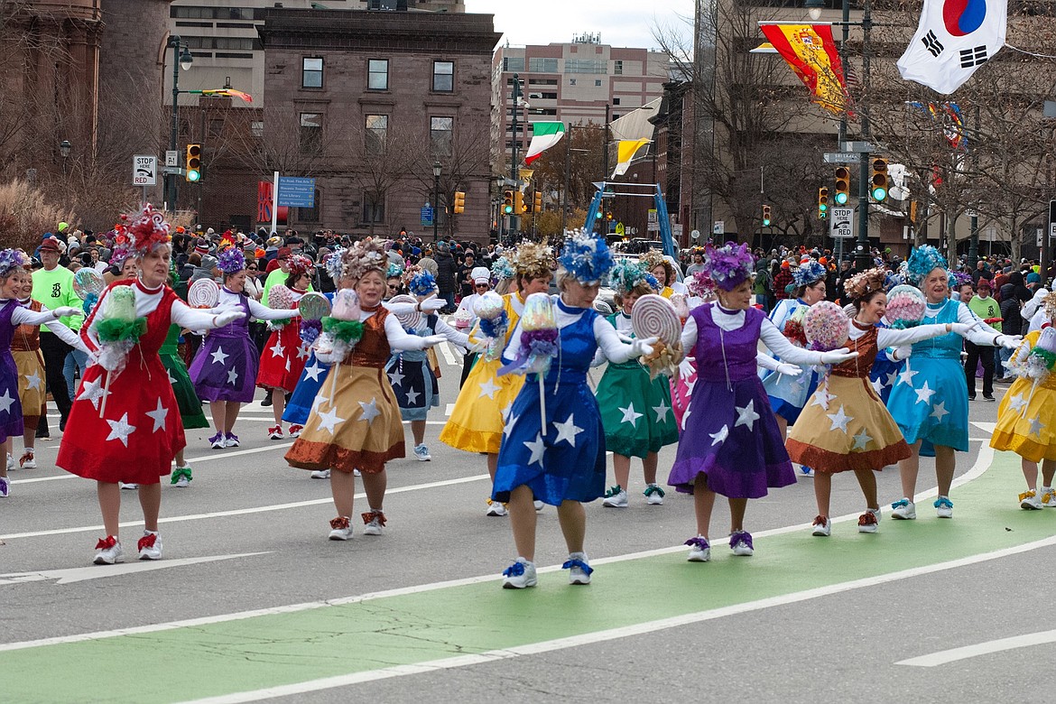 The Divaz dance on Philly&#146;s Logan Square to the sounds of Sia&#146;s &#147;Candy Cane Lane.&#148;
Photos by JIM MOWREADER/Press