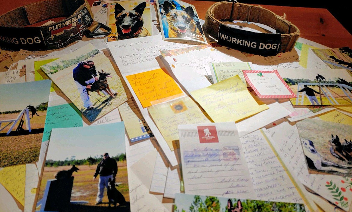 Memorabilia and photos of disabled Navy veteran Marshall Young with his beloved dogs Storm and Jack are seen here. These letters of support were sent by community members who want to help the Disabled American Veterans Chapter 9 as it assists Young with vet bills and other needs to get him on his feet. 

Courtesy photo