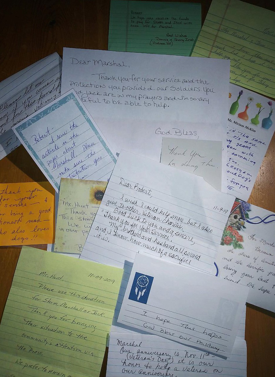 Letters of support, blessings and love for disabled veteran Marshall Young and his canine companion Jack were sent to Disabled American Veterans Chapter 9 after DAV adjutant Bob Hunt asked the community to help cover vet bills for Young's dogs. His beloved Dutch shepherd Storm died in October and Jack, 9, is currently undergoing surgery and treatment for medical issues. (Courtesy photo)