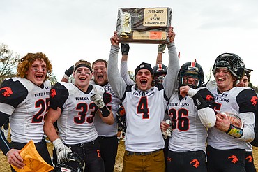 Eureka celebrates after its 20-6 victory over Manhattan in the Class B State Championship in Manhattan on Saturday. (Casey Kreider/Daily Inter Lake)