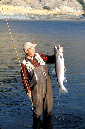 Famous outdoor writer and conservationist Ted Trueblood admires a steelhead he caught from the Salmon River in 1957.

Photo courtesy of Idaho Fish and Game