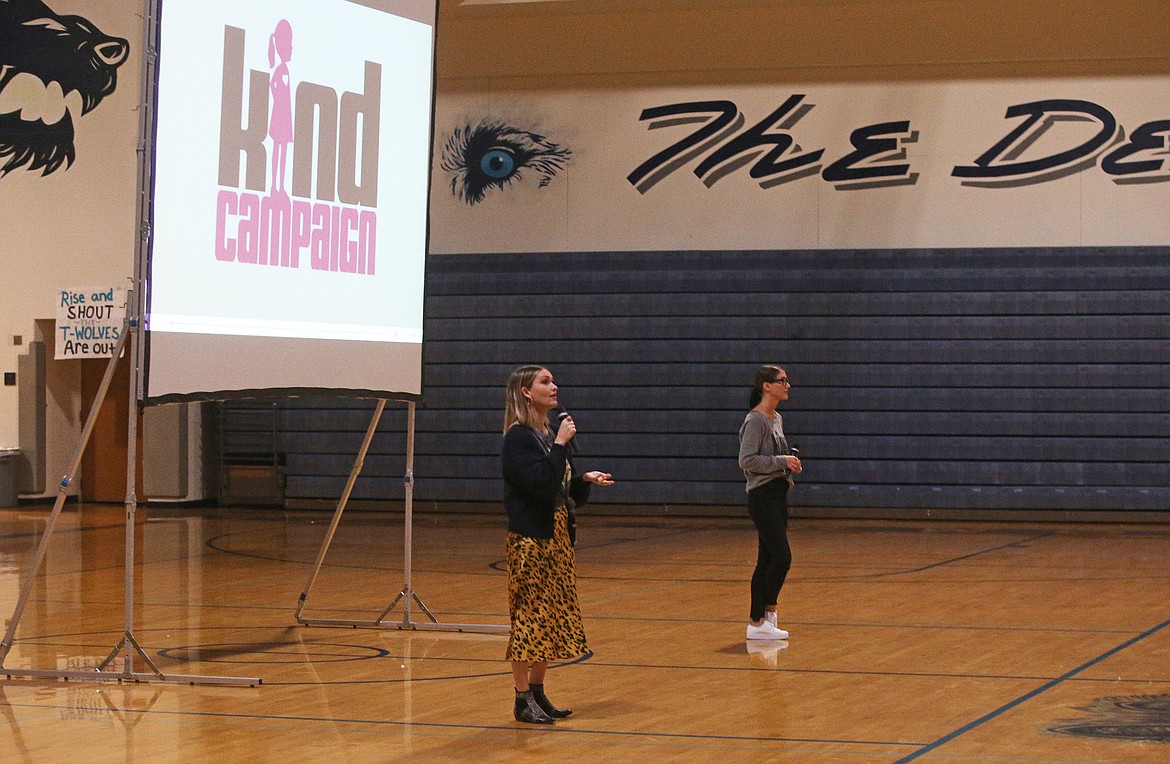 Finding Kind campaign organizers Lauren Paul, left, and Molly Thompson speak to Coeur d'Alene School District middle-school girls about being kind to one another and putting a stop to girl-against-girl bullying. (LOREN BENOIT/Press)