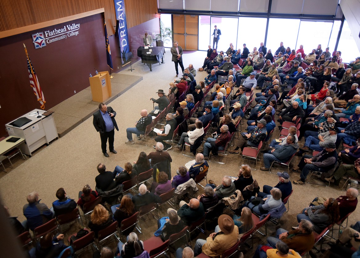 The large community room at Flathead Valley Community College needed more chairs to be added at the Senator Tester town hall on Friday, November 22, in Kalispell.(Brenda Ahearn/Daily Inter Lake)