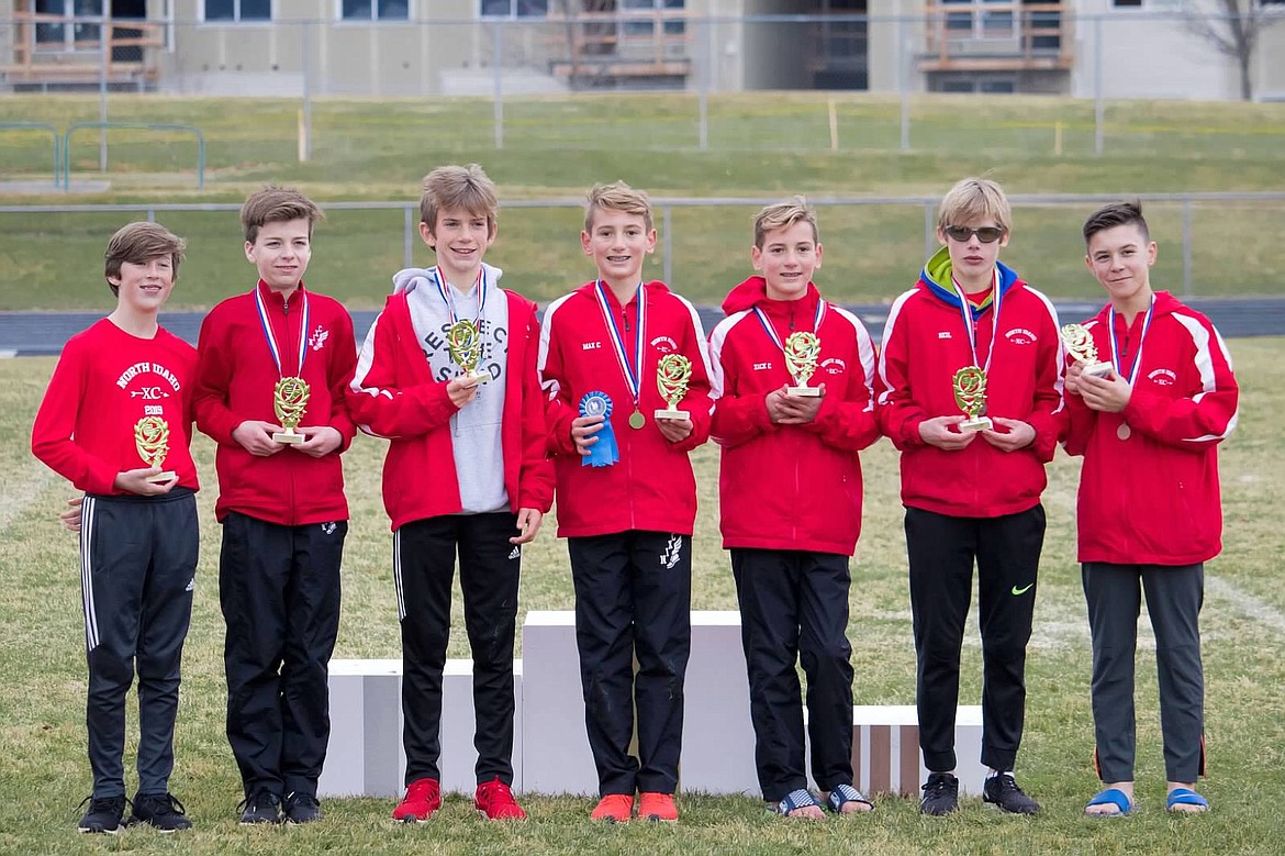 Courtesy photo
North Idaho XC won the team title in the U13-14 boys (4,000 meters) race at the USATF Inland Northwest Association Junior Olympic cross country championship on Saturday at Lake City High. From left are Nolan Oyler (16th, 15:35.41), Nathan Russell (5th, 14:00.61), Lachlan May (4th, 13:34.47), Max Cervi-Skinner (1st, 13:11.53), Zack Cervi-Skinner (2nd, 13:25.76), Neil McCarthy (3rd, 13:34.47) and Ethan Hickok (14th, 15:17.43).